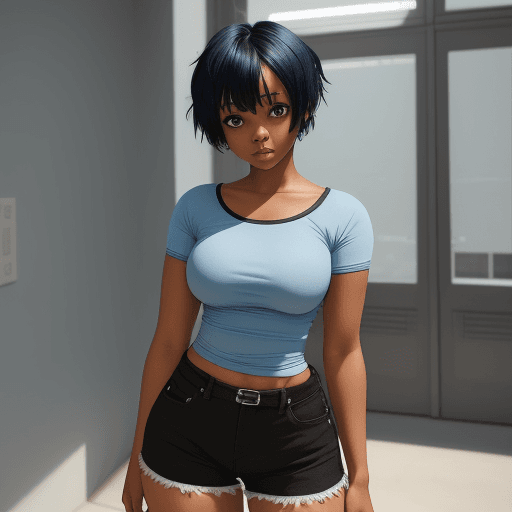 AI generated: cute anime black girl short blue hair in tight shirt