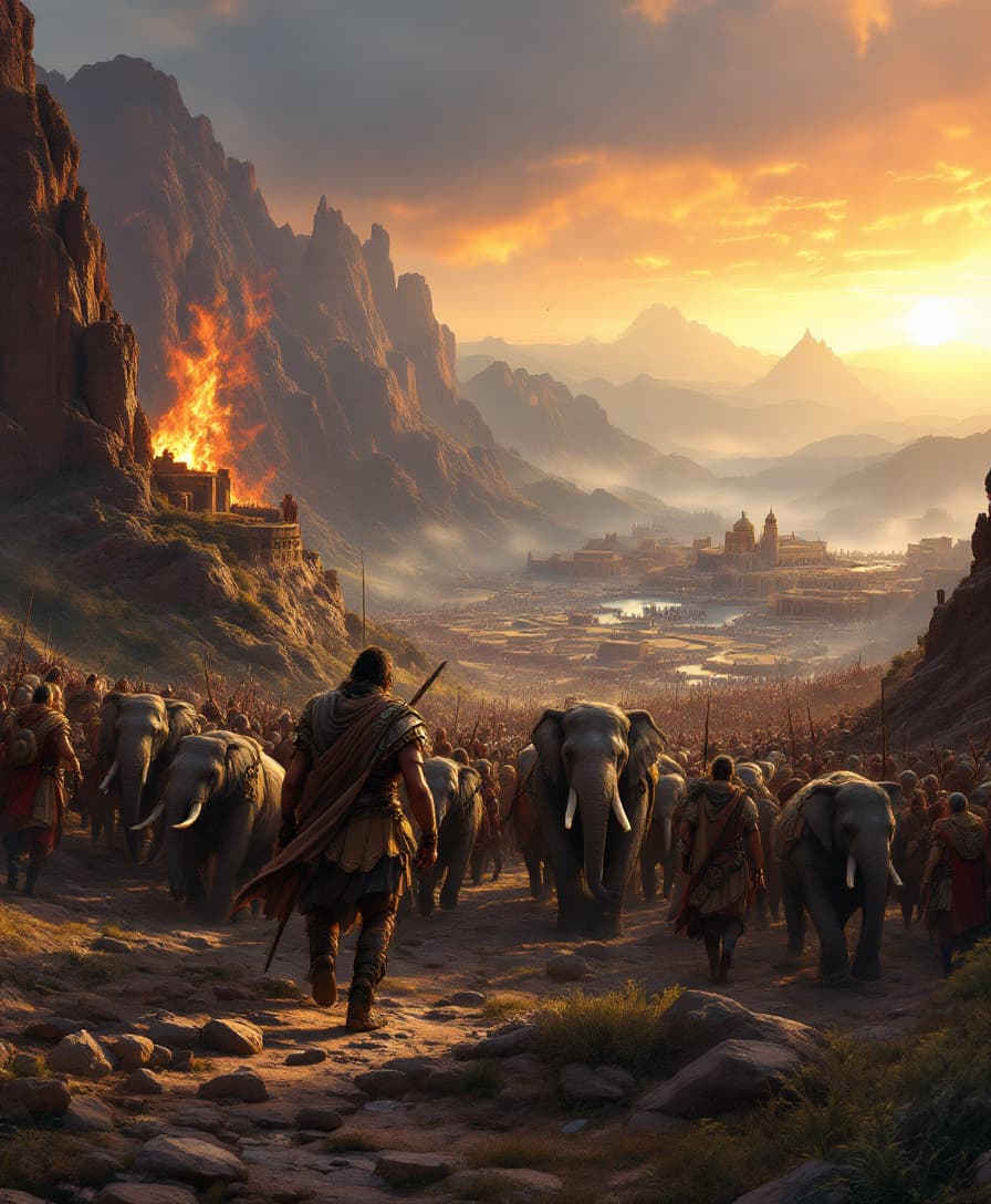 AI generated: An illustration of Hannibal  the Carthaginian general walking through the mountains  with his army t...