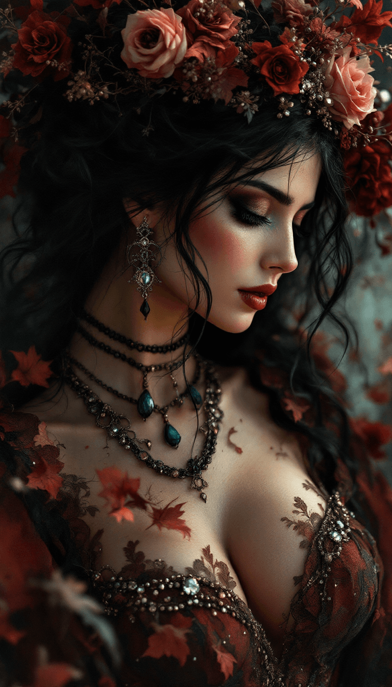 AI generated: Dark Fantasy Art, half l Body of a gypsy spanish woman in flamenco clothes, Blender stylized charism...
