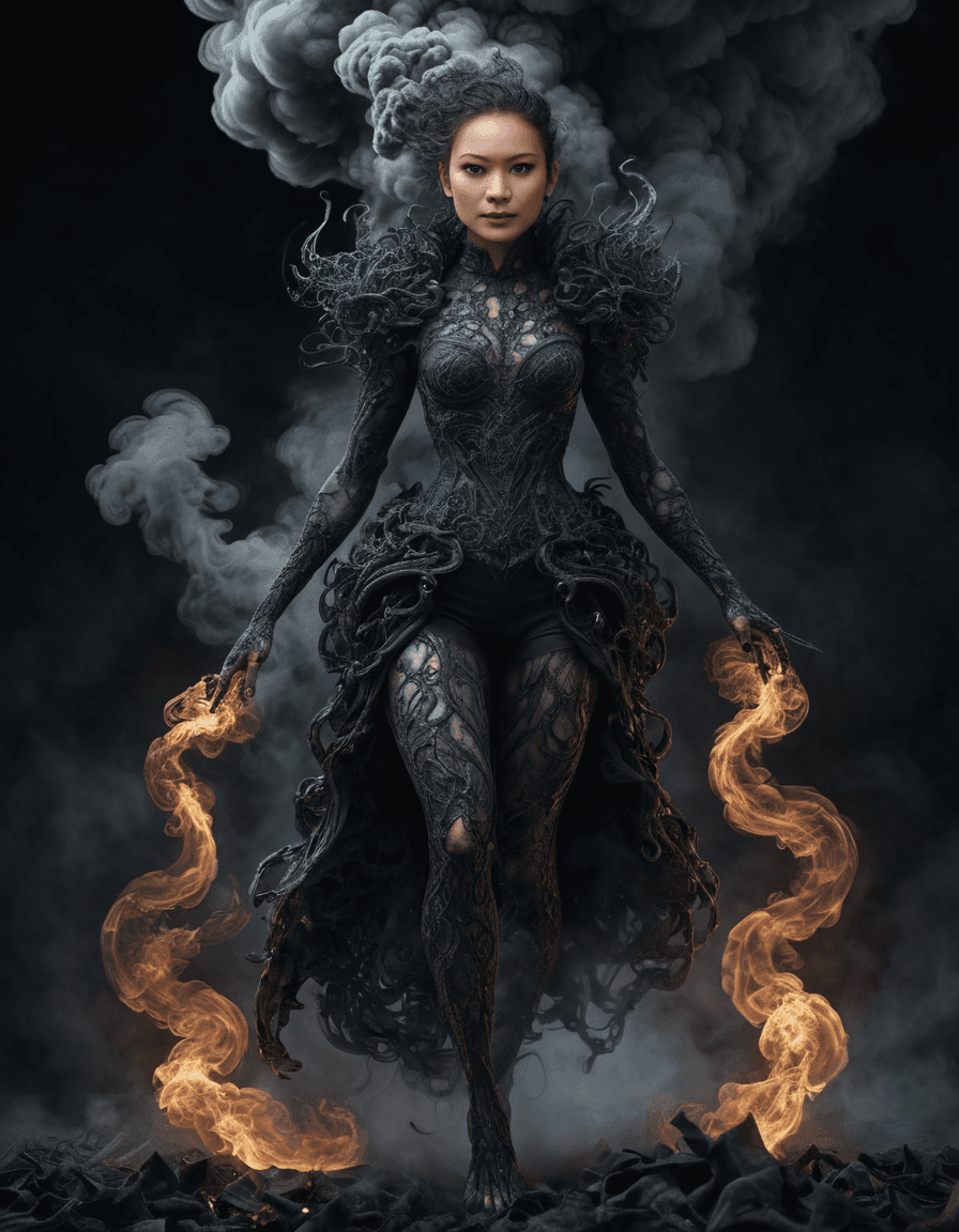 AI generated: full body| gorgeous woman| emerging from black smoke| monster hidden in smoke| horror| insanely deta...