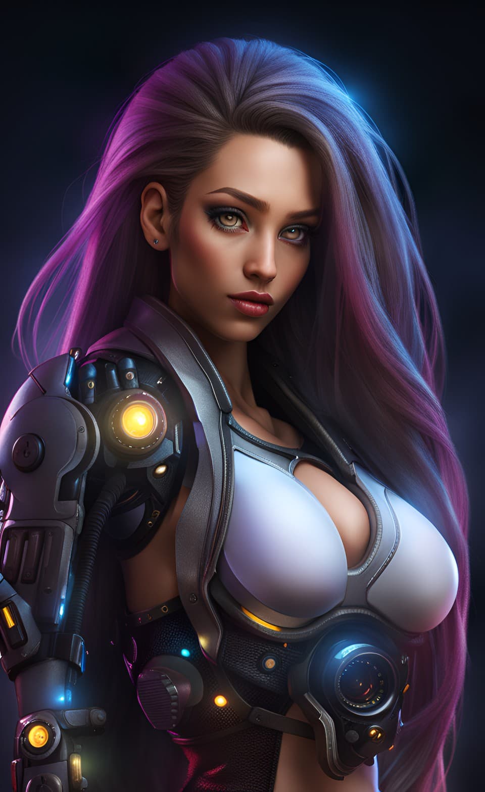 AI generated: Three Quarter Body Portrait of a cyberpunk retrowave female cybog, long neon purple flowing hair, lo...
