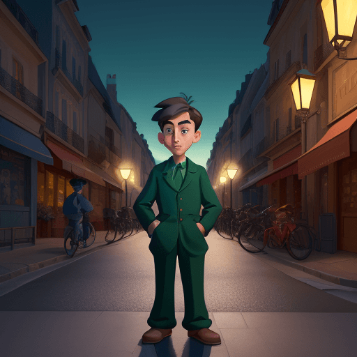 AI generated: boy in the middle of the street, standing by street lamps, in the style of cartoonish features, fren...