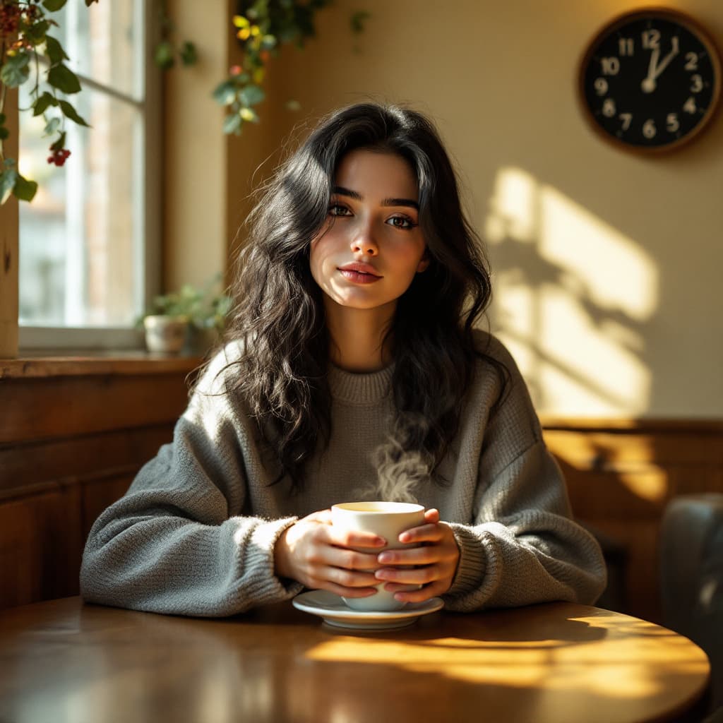 AI generated:  a 16 years old woman with black, wavy hair, sits in a cozy coffee shop. She wears a soft gray sweat...