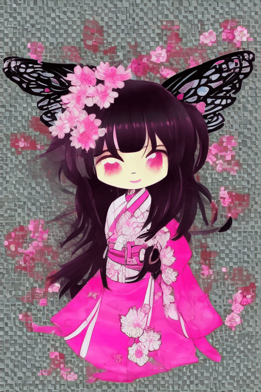 AI generated: ((chibi)),  1 cute girl,solo dancing,black hair, pink HanFu with flowers embroidered patterns,black ...