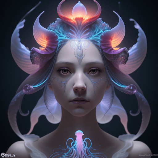 AI generated: Goddess close-up portrait ribcagel. jellyfish phoenix head, nautilus, orchid, skull, betta fish, bio...