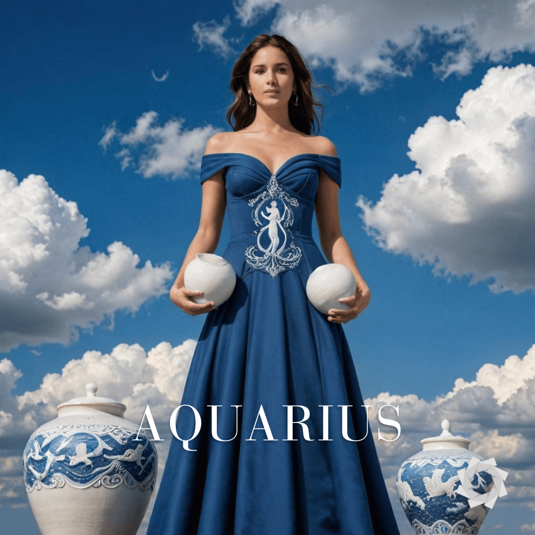 AI generated: full length portrait of a woman in a royal blue gown representing Aquarius zodiac sign, ultra detail...