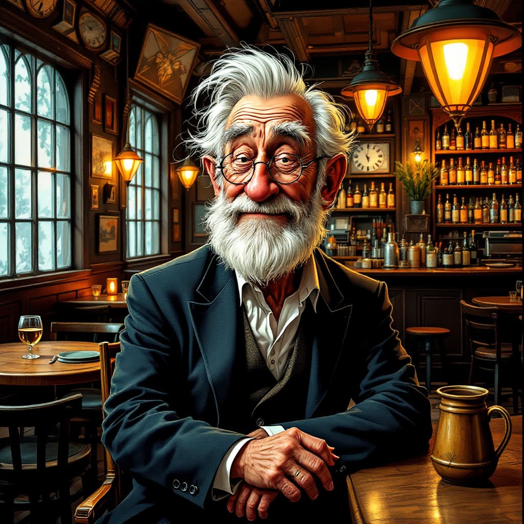 AI generated: An Art Deco caricature of an old man in a cozy tavern, bold lines, geometric shapes, rich colors, wa...