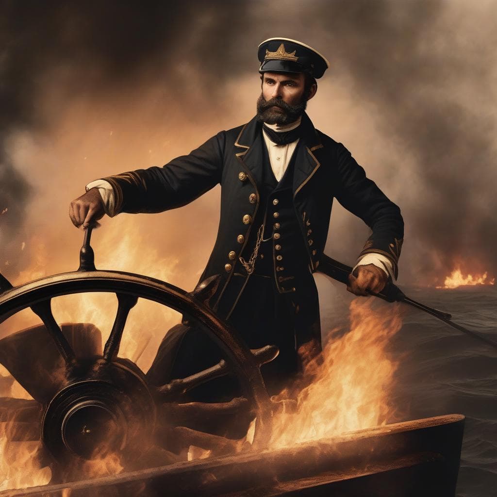 AI generated: burning Helmsman of a 19th century steamer is holding the rudder steering wheel firmly, while a fire...