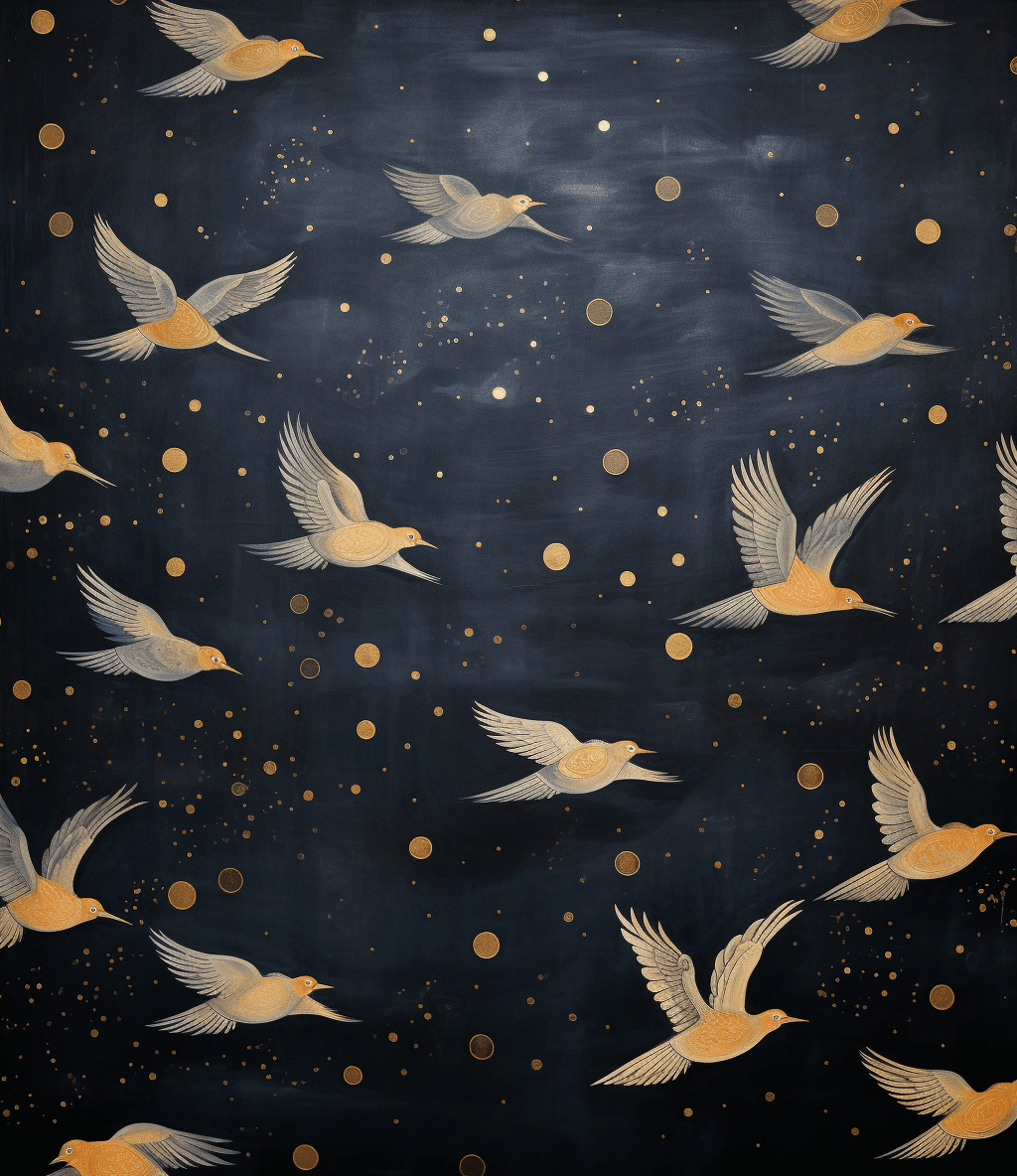 AI generated: A closeup of flying birds in blue and gold, painted in the style of Giotto di spyra. The dark blue b...