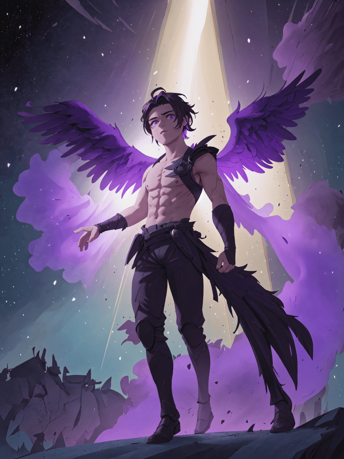 AI generated: <lora:raf01:1> guy, in the form of a god, with six wings behind his back, and a black halo over his ...