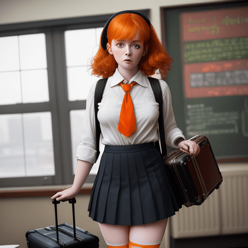 AI generated: 
masterpiece, mid shot, arafly dressed woman with orange hair and a suitcase, a portrait inspired by...