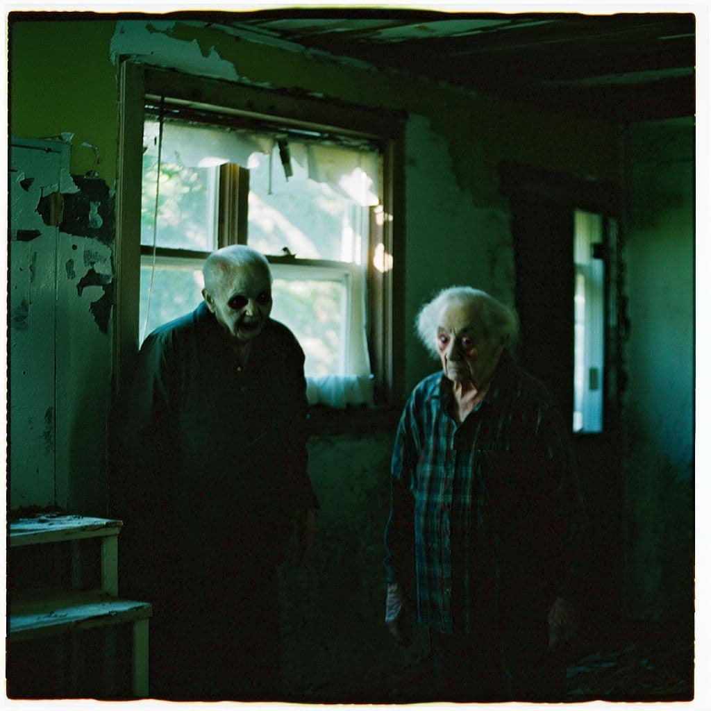 AI generated: grainy 80's photograph quality polaroid really creepy old people caught in an abandoned house, dark,...