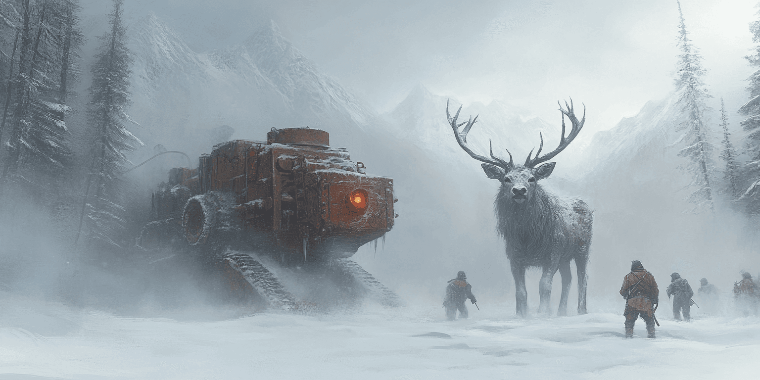 AI generated: A vast, snowy battlefield with misty mountains in the background. Early 20th-century soldiers in tat...