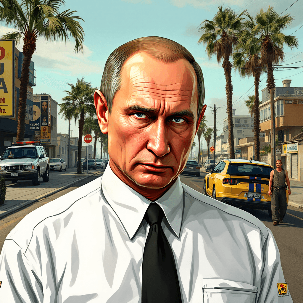 AI generated: Putin on the cover of GTA San Andreas, on the cover it should be written Russian mafia, font and sty...