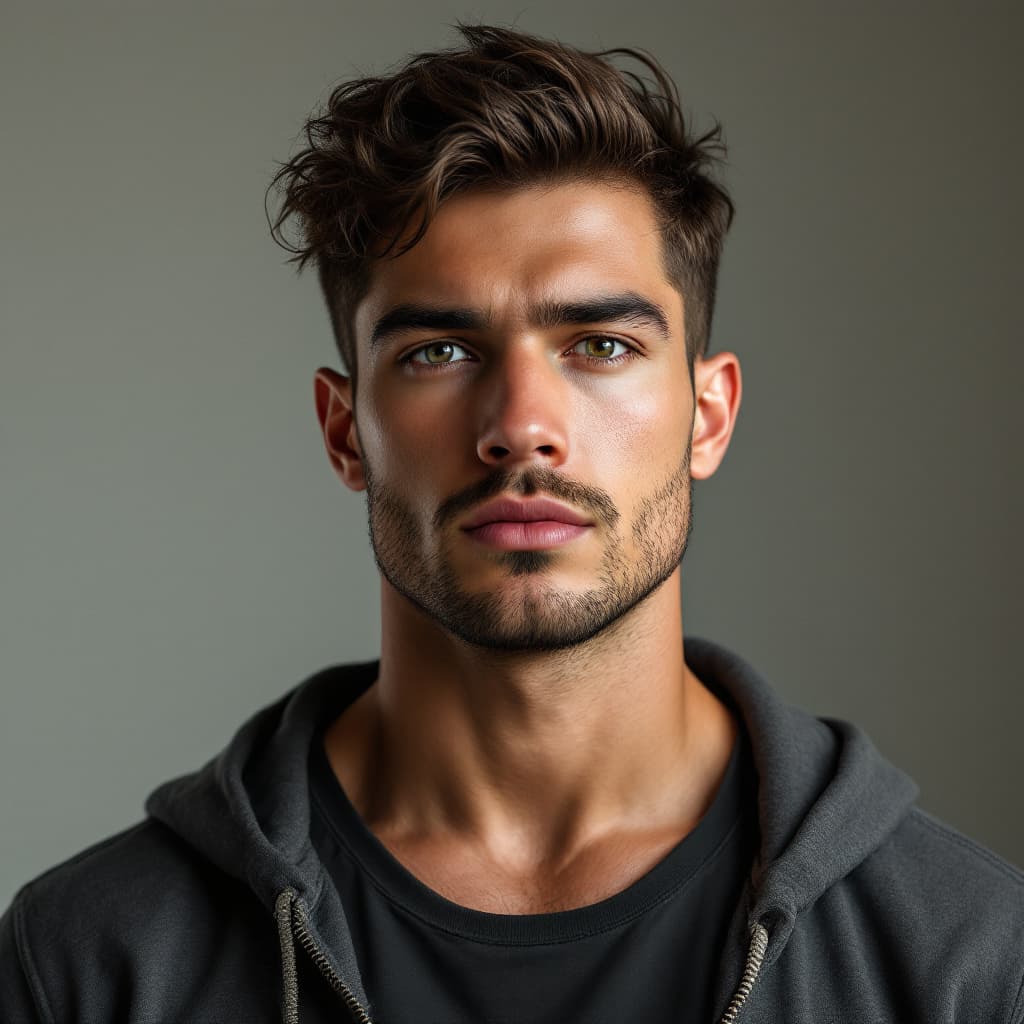 AI generated: A male in his 20's,muscular, face is very masculine but a narrow chin
realistic,real, front view