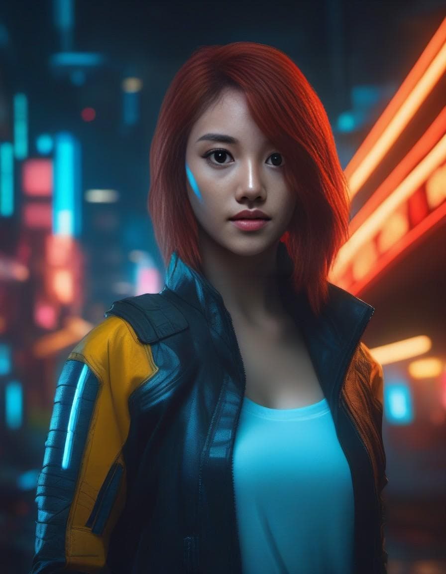 AI generated: a redhead fox-girl with blue eyes, cyberpunk 2077 style, cyberpunk night city, neon light, cyberpunk...