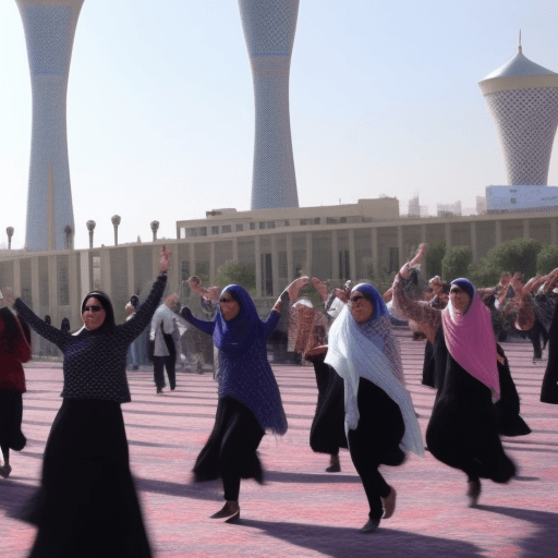 AI generated: women dancing in front of the Azadi tower in Tehran, iran, people applauding them, ultra detailed, b...