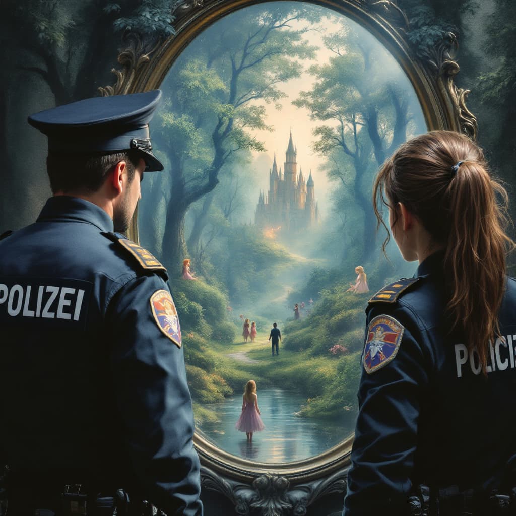AI generated: Photorealistic image of a male and a female Police Officer with the writing POLIZEI on their backs i...