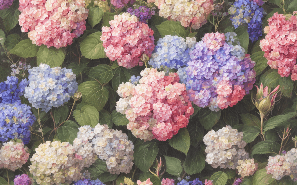 AI generated: vibrant flower, many kind of flower arrangement, wild flower, hydrangea, rose,, focus and detailed w...
