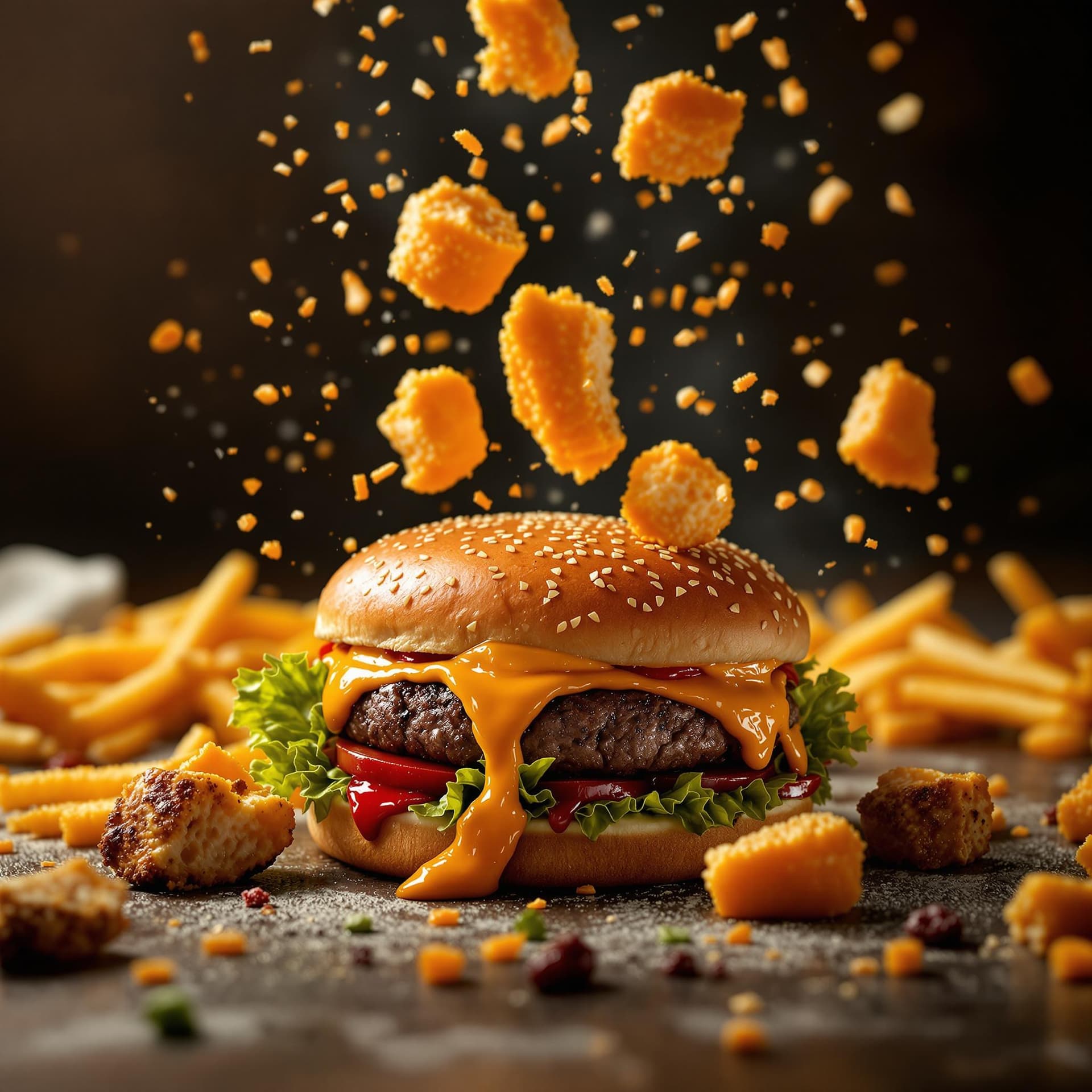 AI generated: A burger falling in pieces juicy, tasty, hot, promotional photo, intricate details, hdr, cinematic, ...