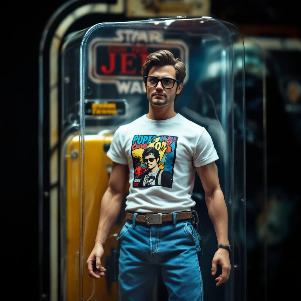 AI generated: A photo-realistic action figure packaged in a vintage 1980s Kenner Star Wars blister pack. The figur...
