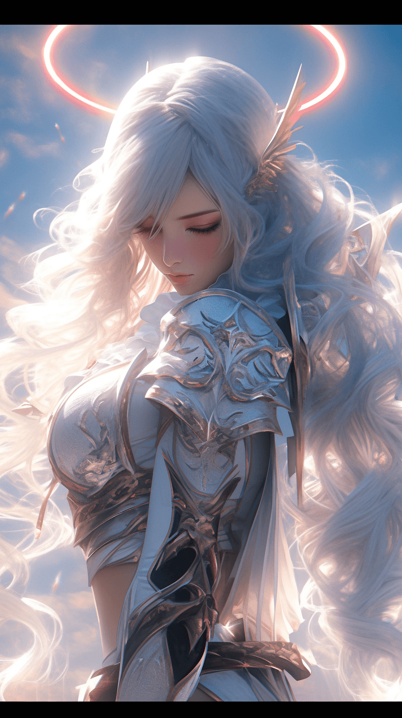 AI generated: a white female with white hair surrounded by white halo, in the style of vray tracing, exquisite clo...