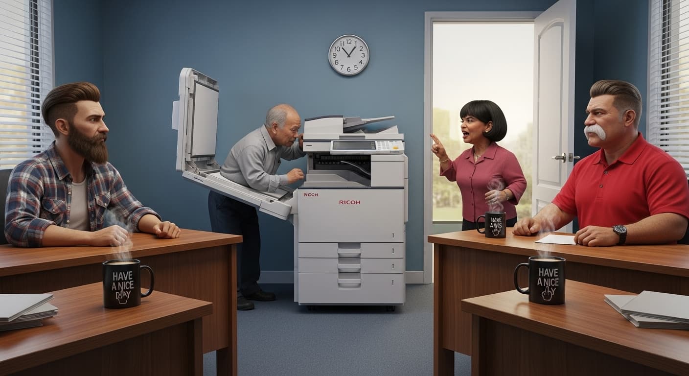 AI generated: Generate a realistic lifelike image of a small office, there are two corner desks opposite each othe...