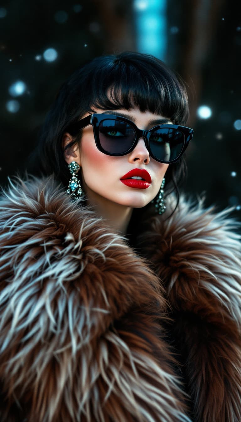 AI generated: Woman, coal hair, siren-red lips, oversized, angora coat, tomato-red lips, chic, vivid backdrop, dar...