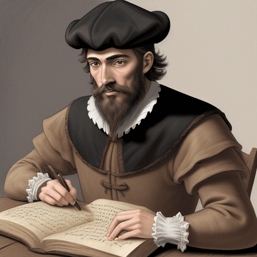 AI generated: Drawing for children's comic of a thin, bearded, 16th century Spanish man with a scholar's cap and r...