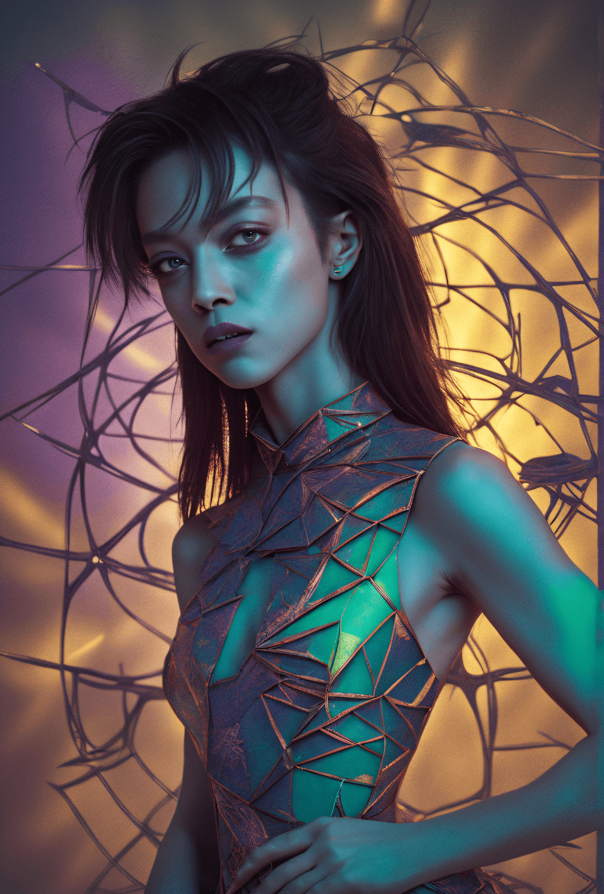 AI generated: photograph, Art Deco, best quality, shot from behind of a young woman, very thin, fit, abs, (topless...