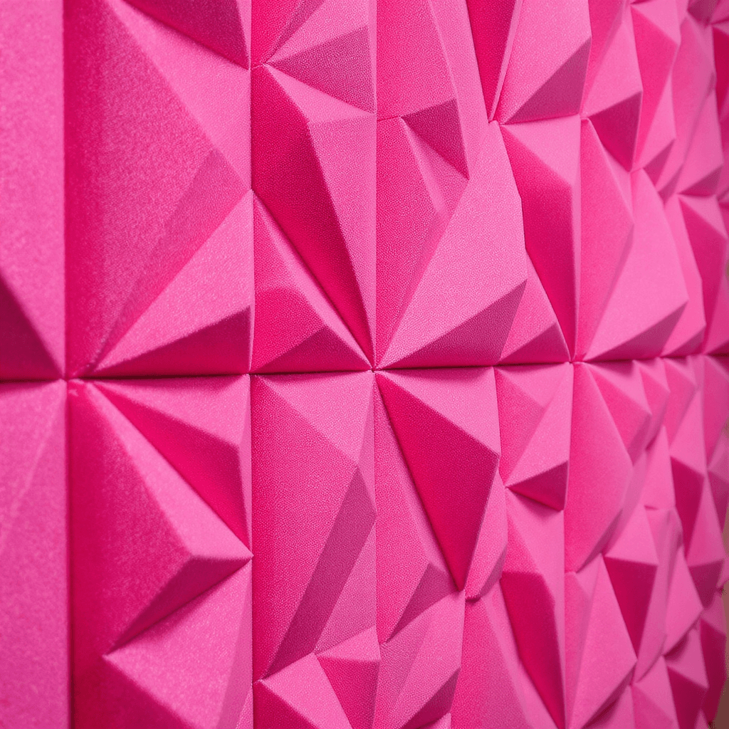 AI generated: A close-up of a modern soundproof wall made of soft, triangular acoustic foam panels in a vibrant pi...