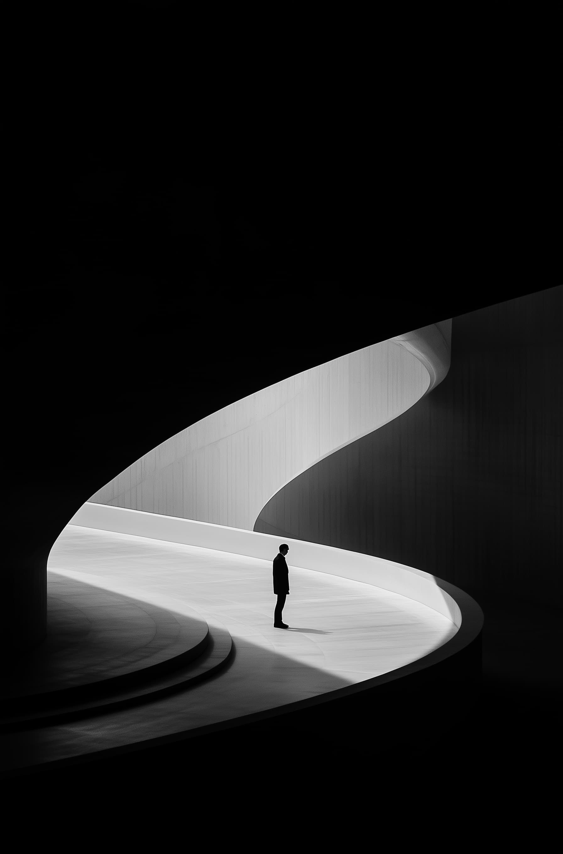 AI generated: A man walking in the center of an infinite white circular building, symmetrical photo, architectural...