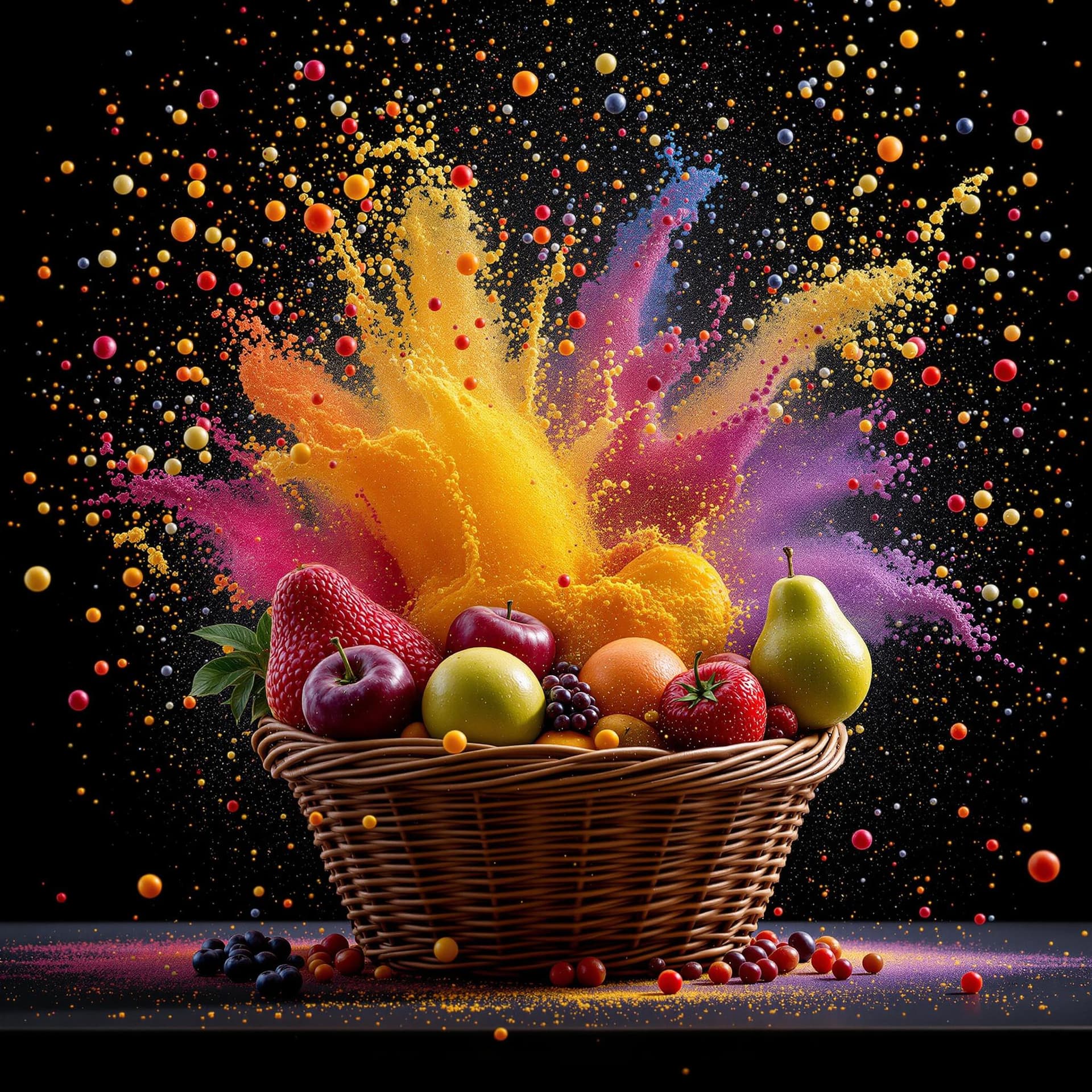 AI generated: a basket of colorful fruits, with extreme contrast, extreme details, explode with huge particles spl...