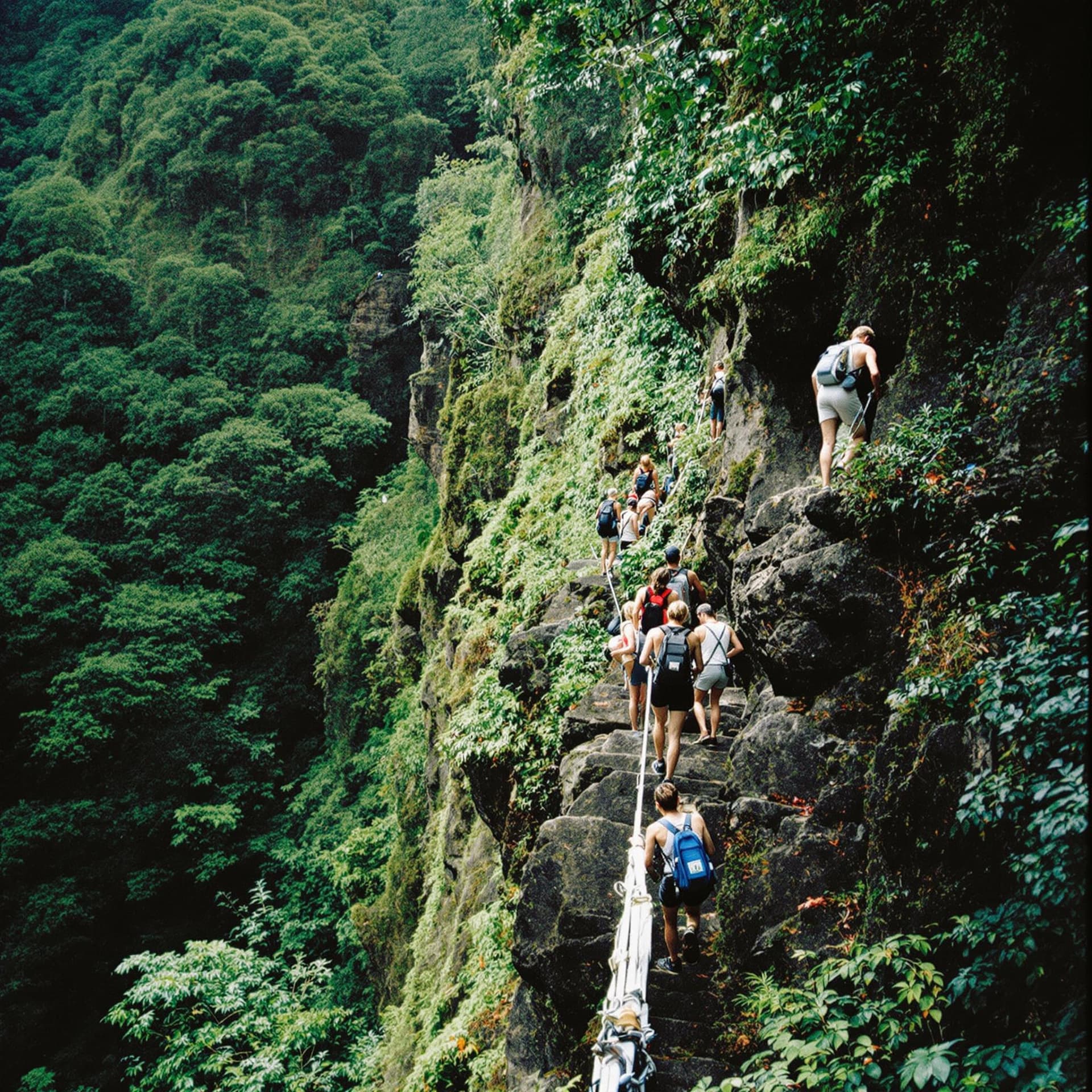 AI generated: madeira hiking, team building retreat, corporate retreat, cliff scenario, lush forest, polaroid, gra...