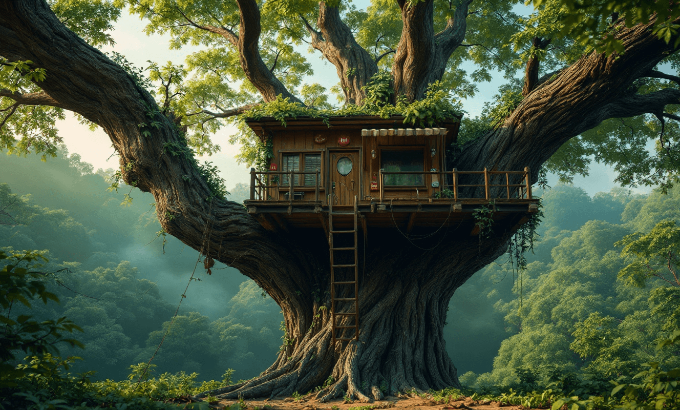 AI generated: An up close upshot from ground level lookin up at the treehouse on the tree from the image provided,...