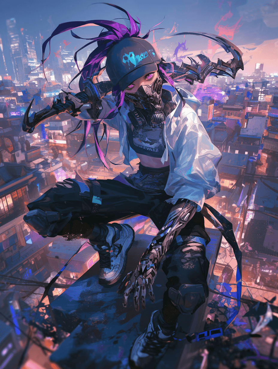 AI generated: akali from league of legends, in the style of cyberpunk, dark white and light violet, precise brushw...