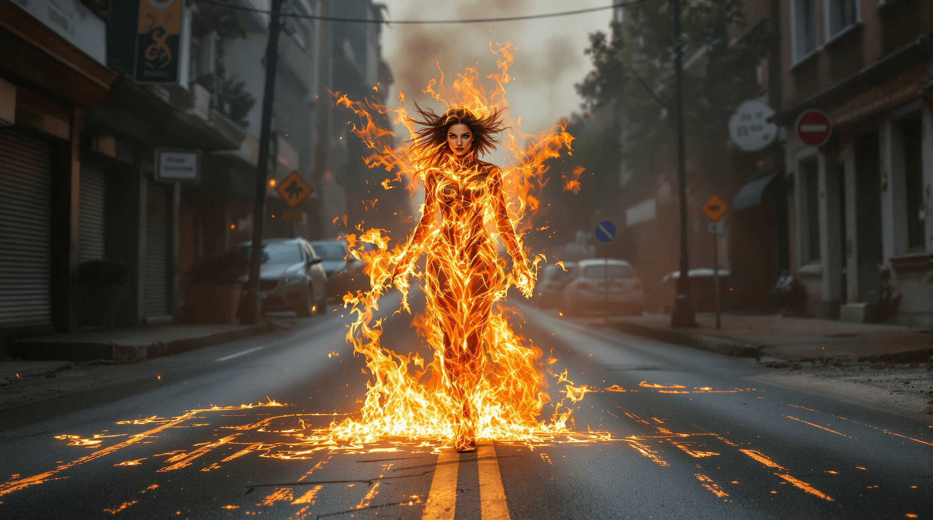 AI generated: A woman of super beauty wearing fire clothes and she has the effects of fire and she has accomplishe...