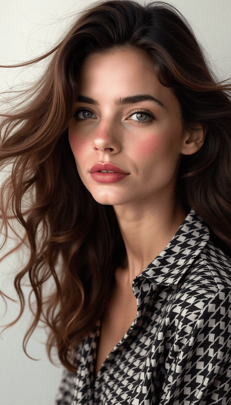 AI generated: Close-up portrait of a woman with wavy brown hair, slightly tousled, wearing a black-and-white hound...