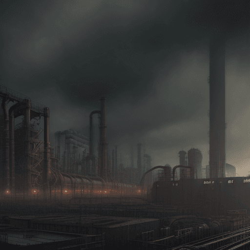 AI generated: a huge industrial factory, massive machines, pipes, scaffolding, heavy machinery, a giant mechanical...
