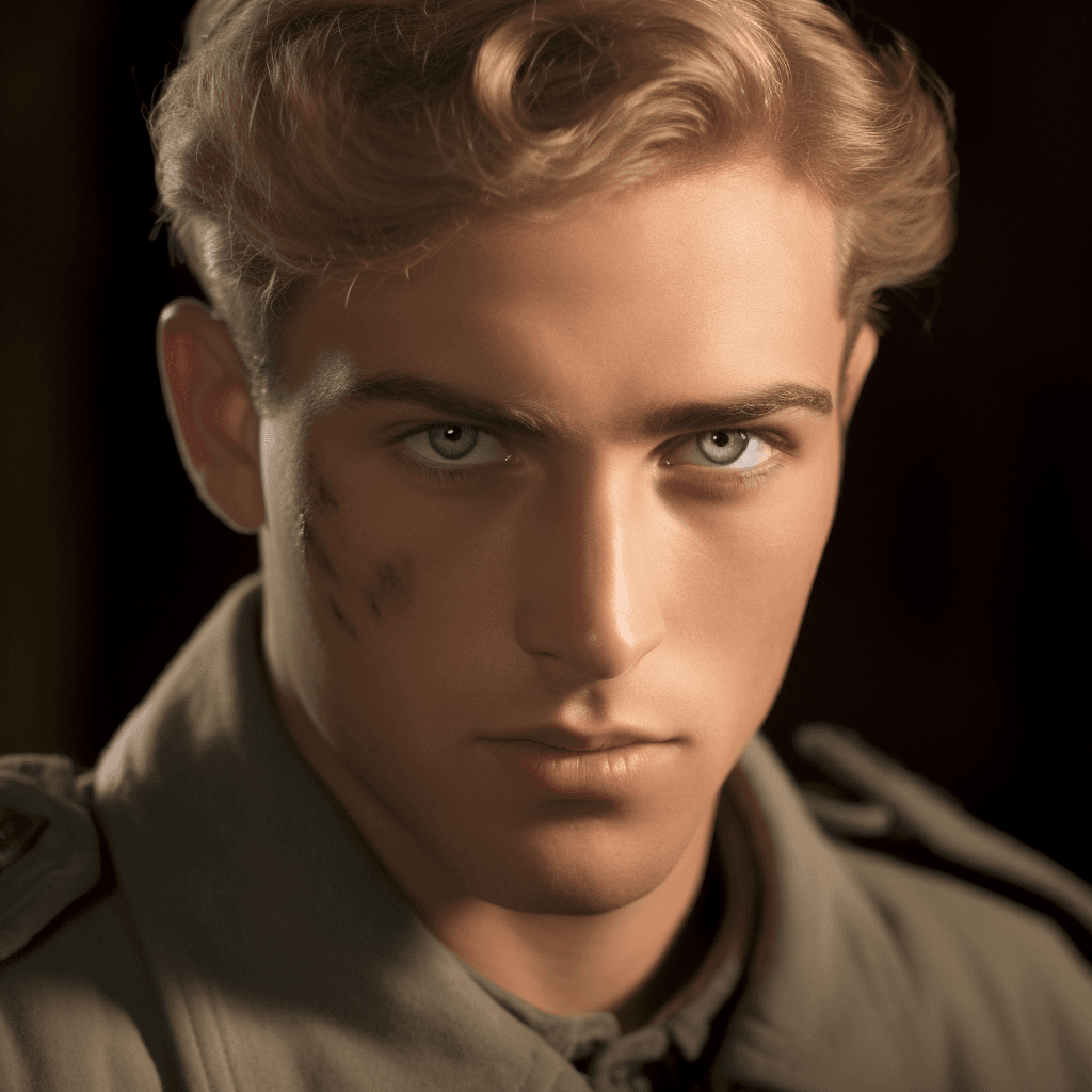 AI generated: german soldier, world war 2, standing, perfect skin, no blemishes, muscular, perfect human eyes, per...