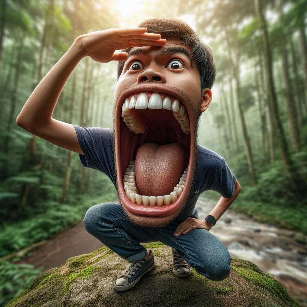 AI generated: an Indonesian guy, opened his mouth as wide as possible, until his teeth were visible, the guy put o...