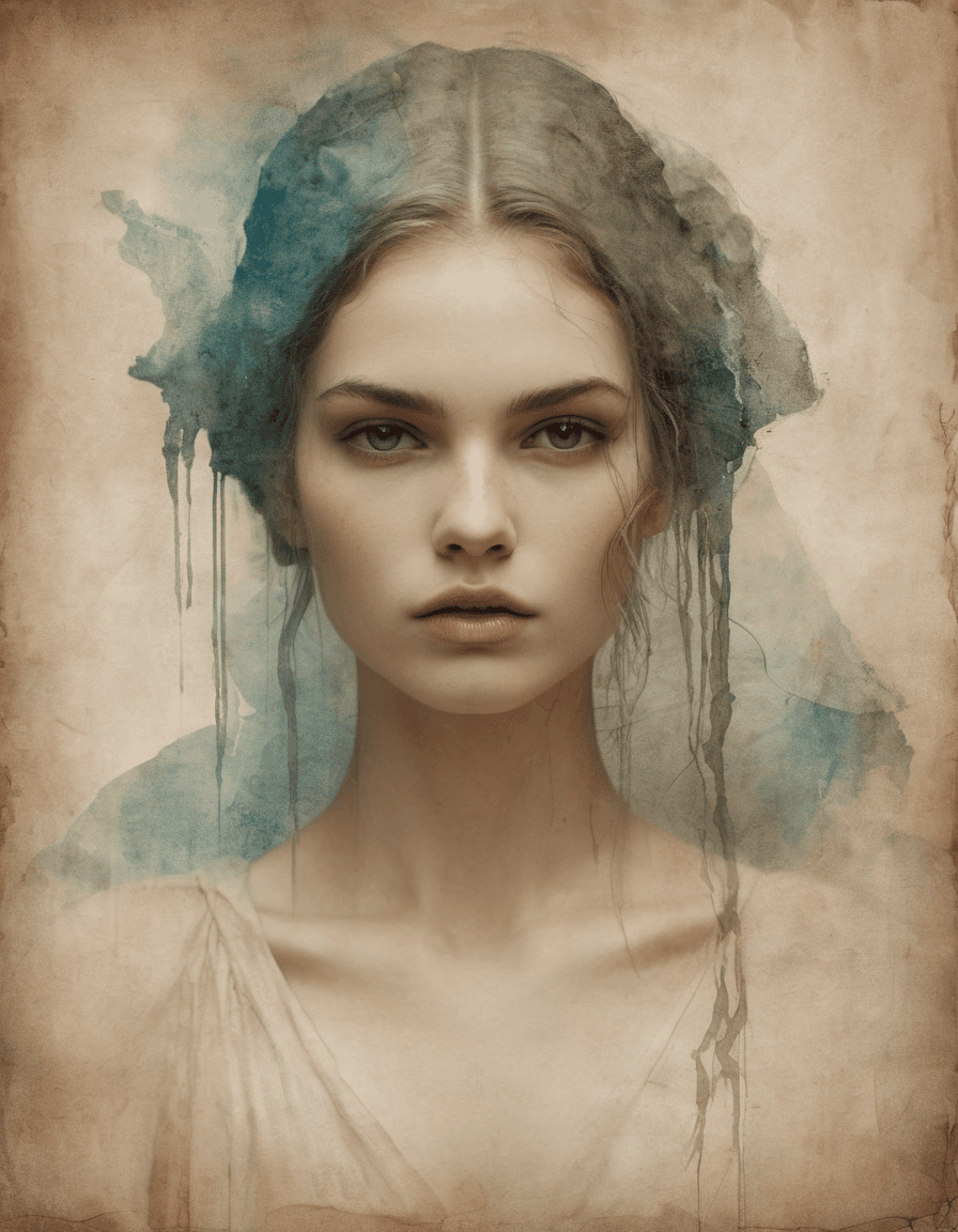 AI generated: old paper close-up woman portrait, beauty, minimalist, decorative full flowing intricate fine detail...