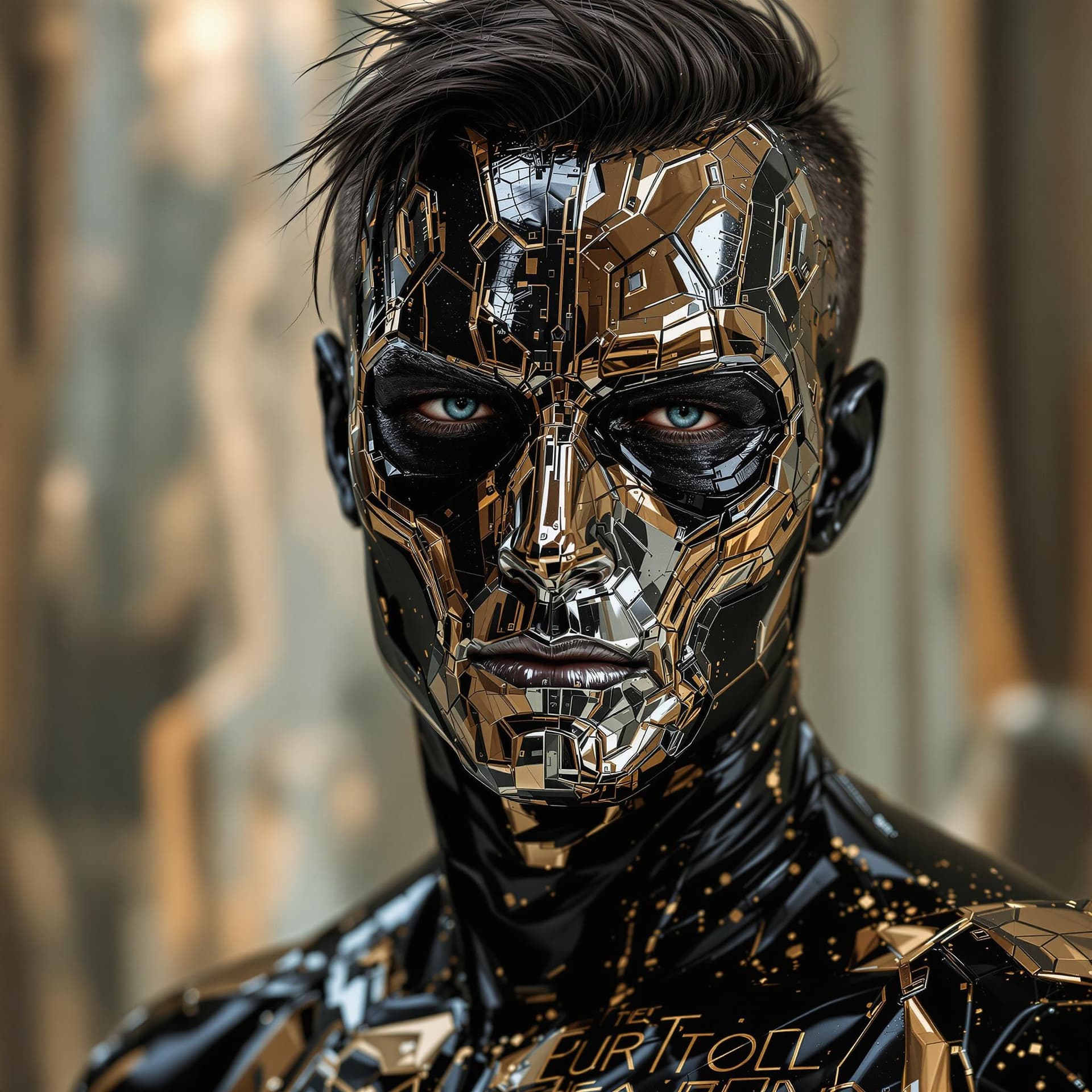 AI generated: a man in black with silver paint covering him, in the style of dark gold and bronze, comic art, futu...