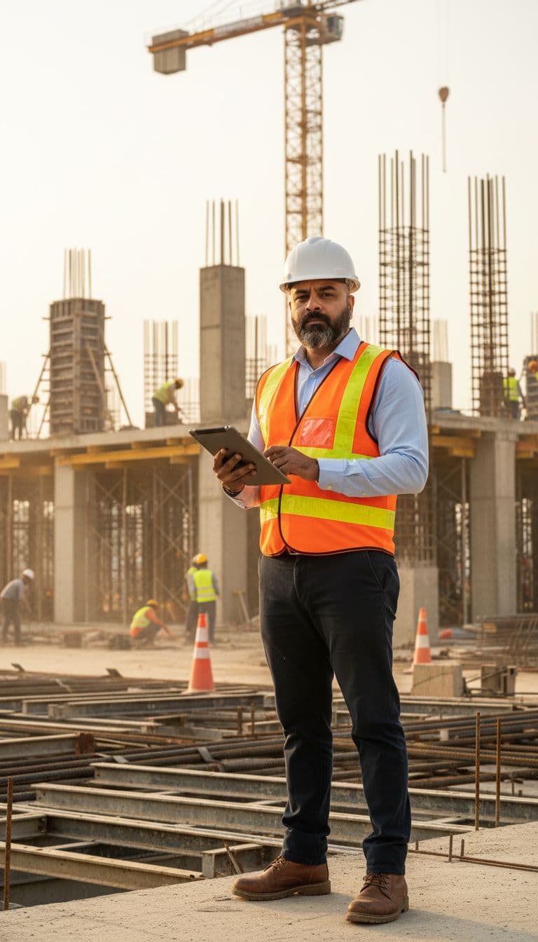 AI generated: A professional site engineer is standing at an active construction site during a routine site visit....