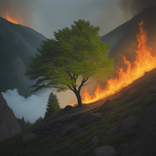 AI generated: A green tree in a mountainous area and burning with fire