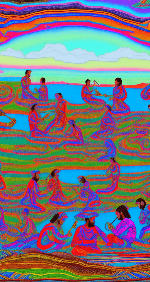 AI generated: Psychedelic group of people men and women near lake in Georgia. Some people play on musical instrume...