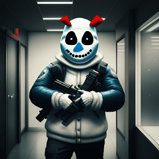 AI generated: a snowman wearing a PAYDAY 2 mask robbing a bank, indoors, carbine, heist, robbery, cinematic lighti...