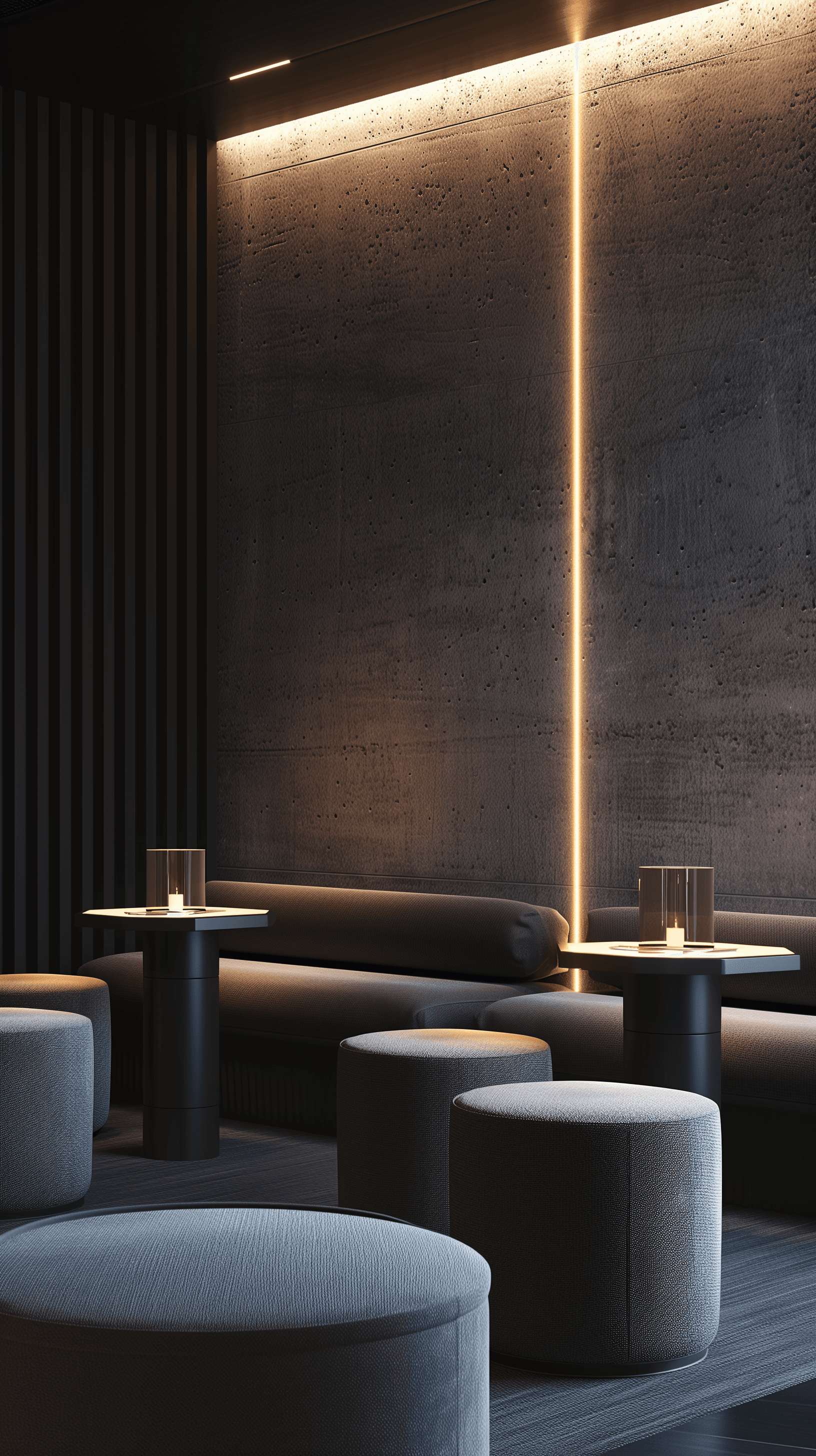 AI generated: visualize a sleek lounge area with dark, textured walls and recessed linear lighting, furniture cons...