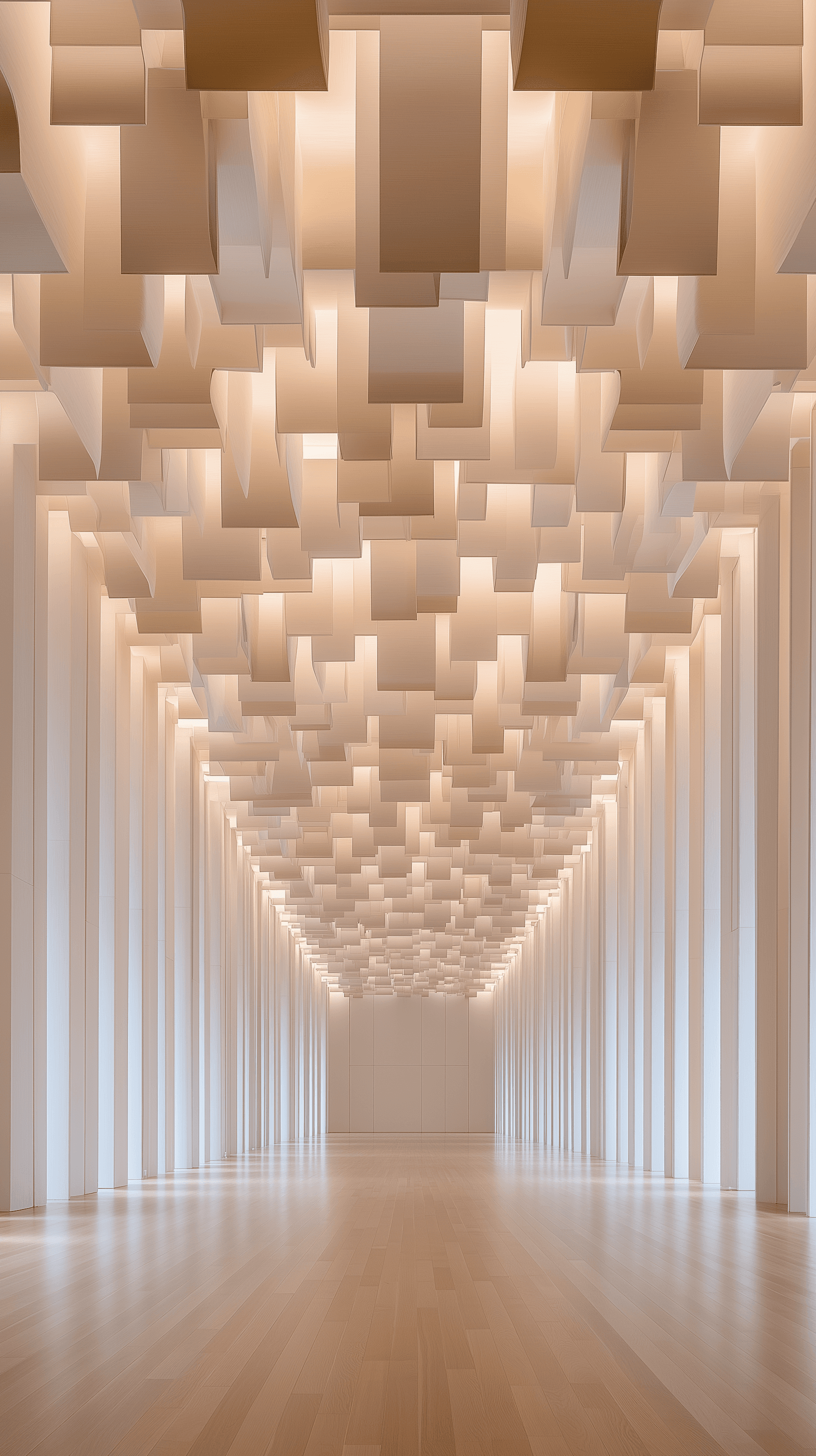 AI generated: contemporary interior, fractal geometric minimalism, perspective vanishing point, repetitive pattern...