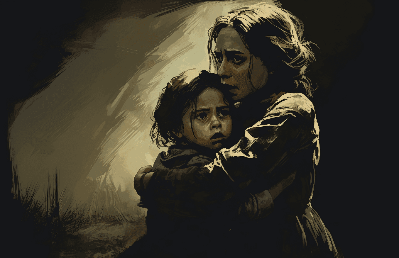 AI generated: A vintage illustration of the mother hugging her scared daughter, behind them is shadowy hand reachi...